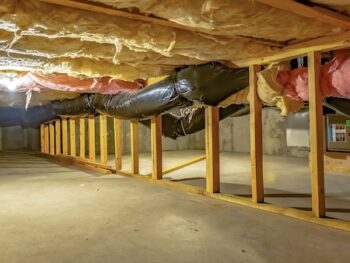 Panorama Basement Or Crawl Space With Upper Floor Insulation And Wooden Support Beams